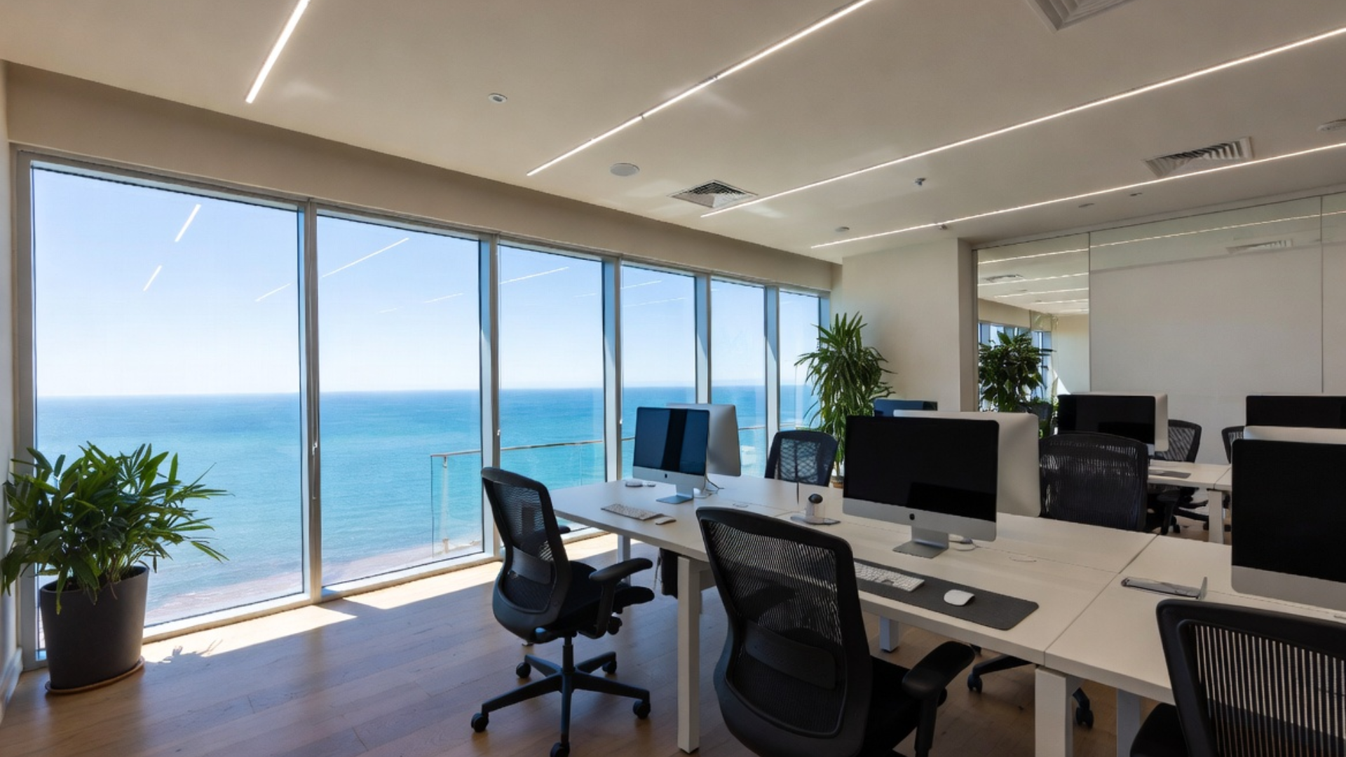 Financial consulting workspace with waterfront view